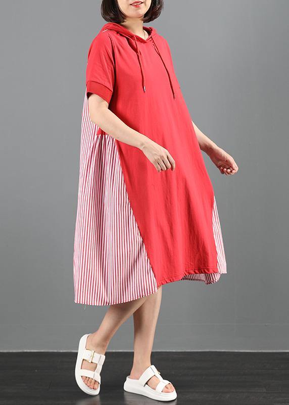 Women's Maxi Dress Red Cotton Hooded Patchwork Striped