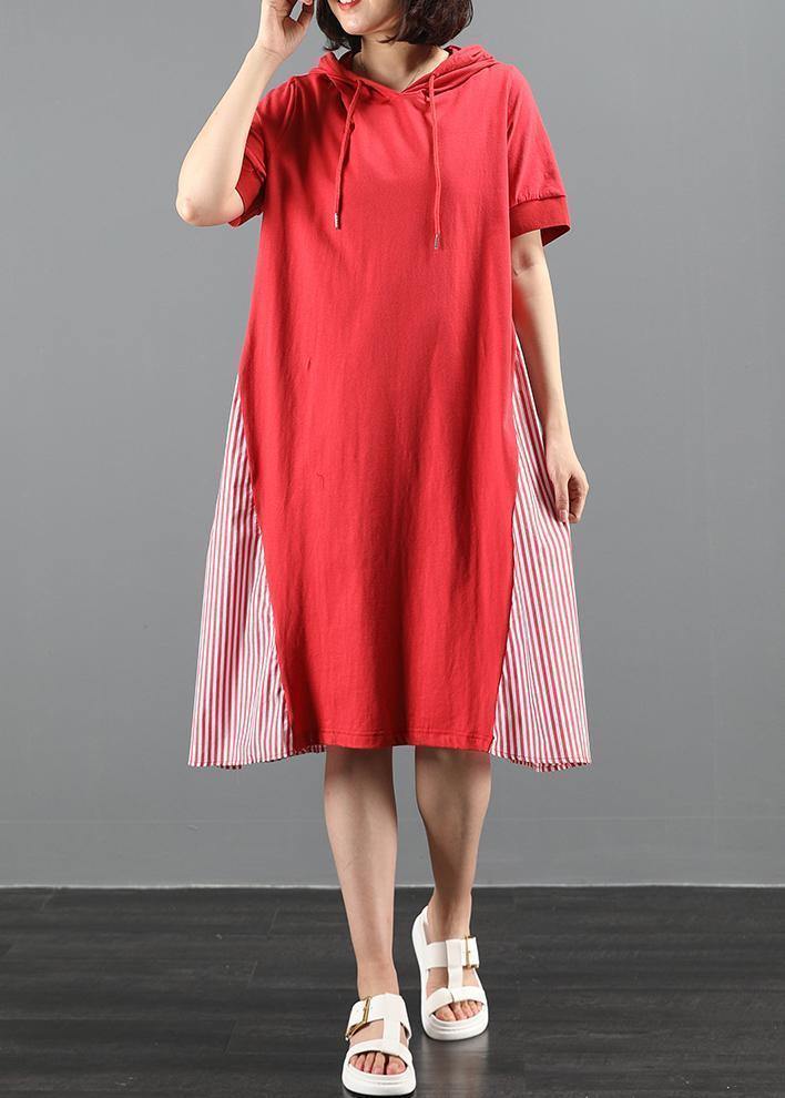 Women's Maxi Dress Red Cotton Hooded Patchwork Striped