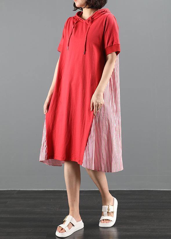 Women's Maxi Dress Red Cotton Hooded Patchwork Striped