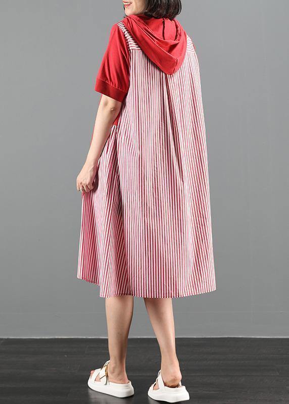 Women's Maxi Dress Red Cotton Hooded Patchwork Striped