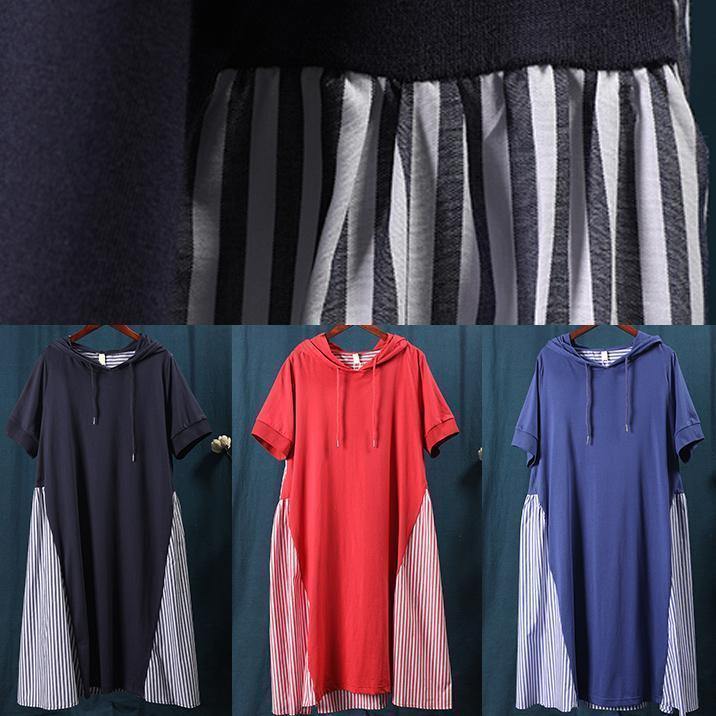 Women's Maxi Dress Red Cotton Hooded Patchwork Striped