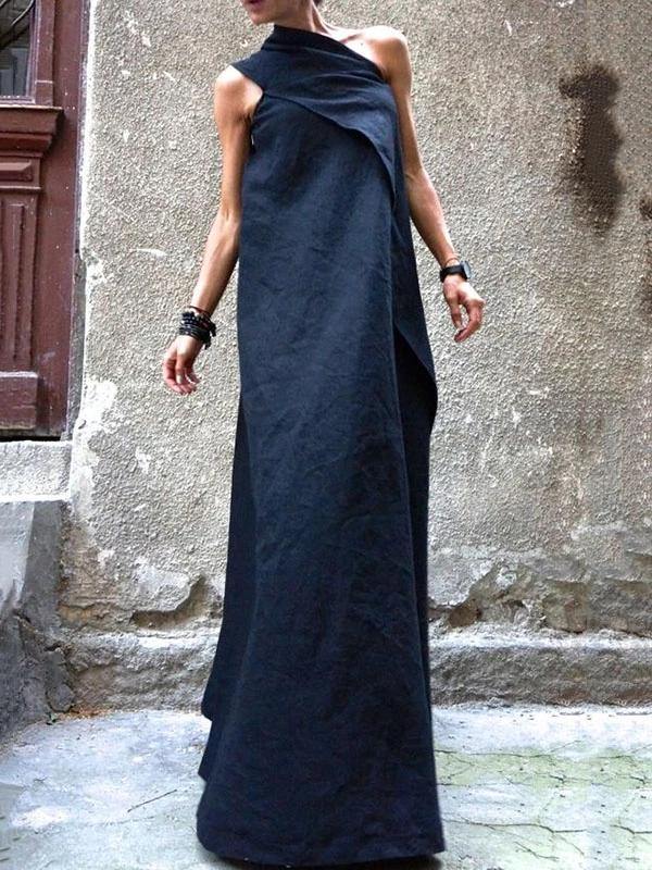 Women's Summer Dress Navy Cotton Linen Patchwork