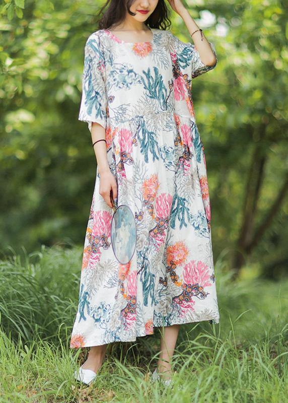 Women's Summer Dress White Cotton Linen Baggy O-Neck