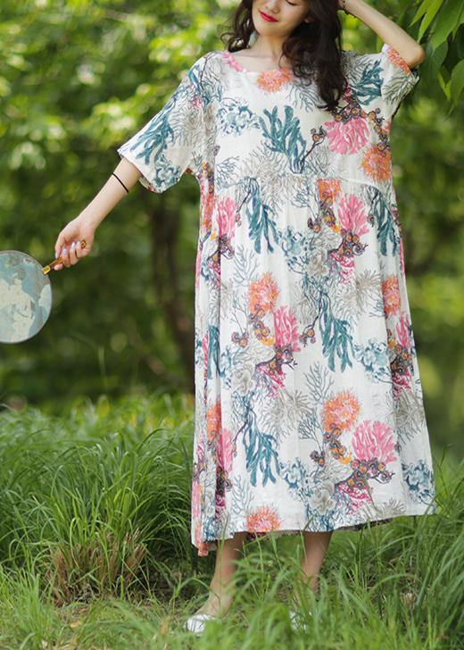 Women's Summer Dress White Cotton Linen Baggy O-Neck