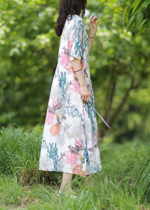 Women's Summer Dress White Cotton Linen Baggy O-Neck