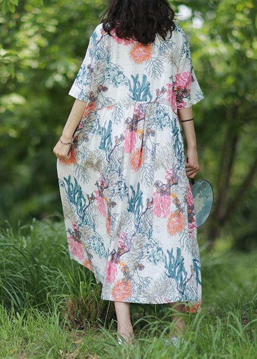 Women's Summer Dress White Cotton Linen Baggy O-Neck