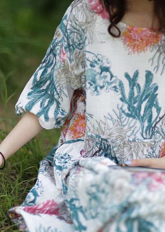 Women's Summer Dress White Cotton Linen Baggy O-Neck