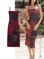 TRAF Summer Women's Fashion Printed Waist Closed Slim Dress Mid-Length Sleeveless Suspender Dress Commuter Style Woman's