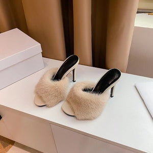 New slim heel open-toe sandals women's mink hair sexy fashion one-half hair high-heeled sandals