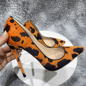 Tikicup Orange Cow Print Hairy Flock Women Pointy Toe High Heel Shoes 8cm 10cm 12cm Slip On Sexy Stiletto Pumps for Party Dress