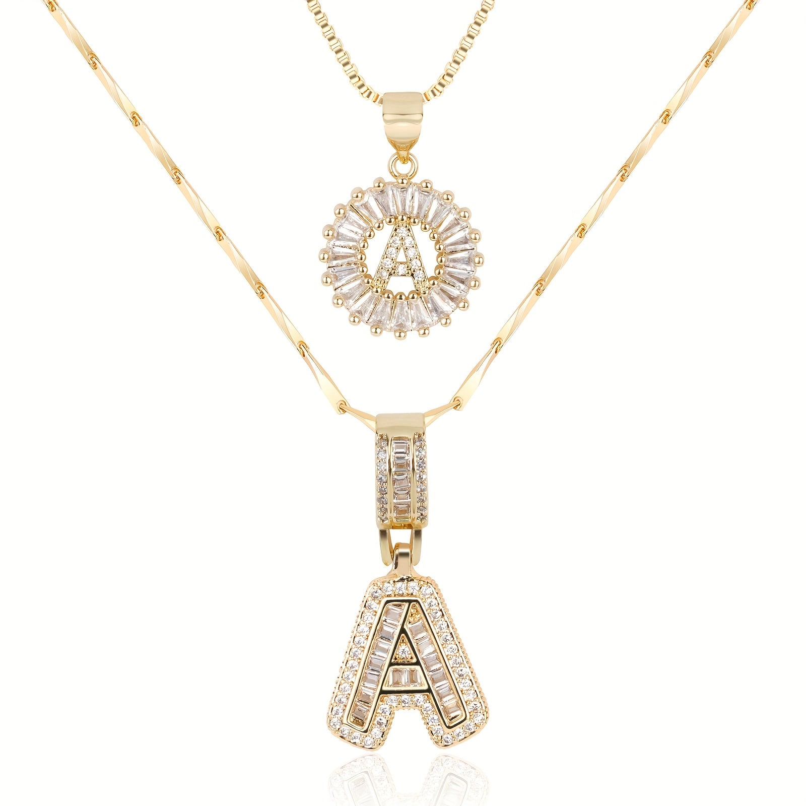 14k Gold-Plated Layered Necklace Set with Diamond Initial Pendants – Elegant Jewelry for Personal Style