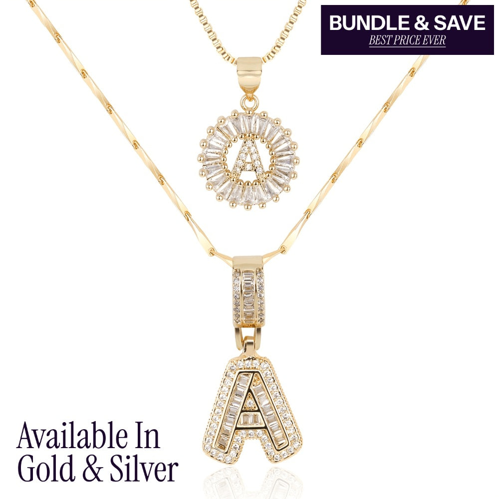 14k Gold-Plated Layered Necklace Set with Diamond Initial Pendants – Elegant Jewelry for Personal Style