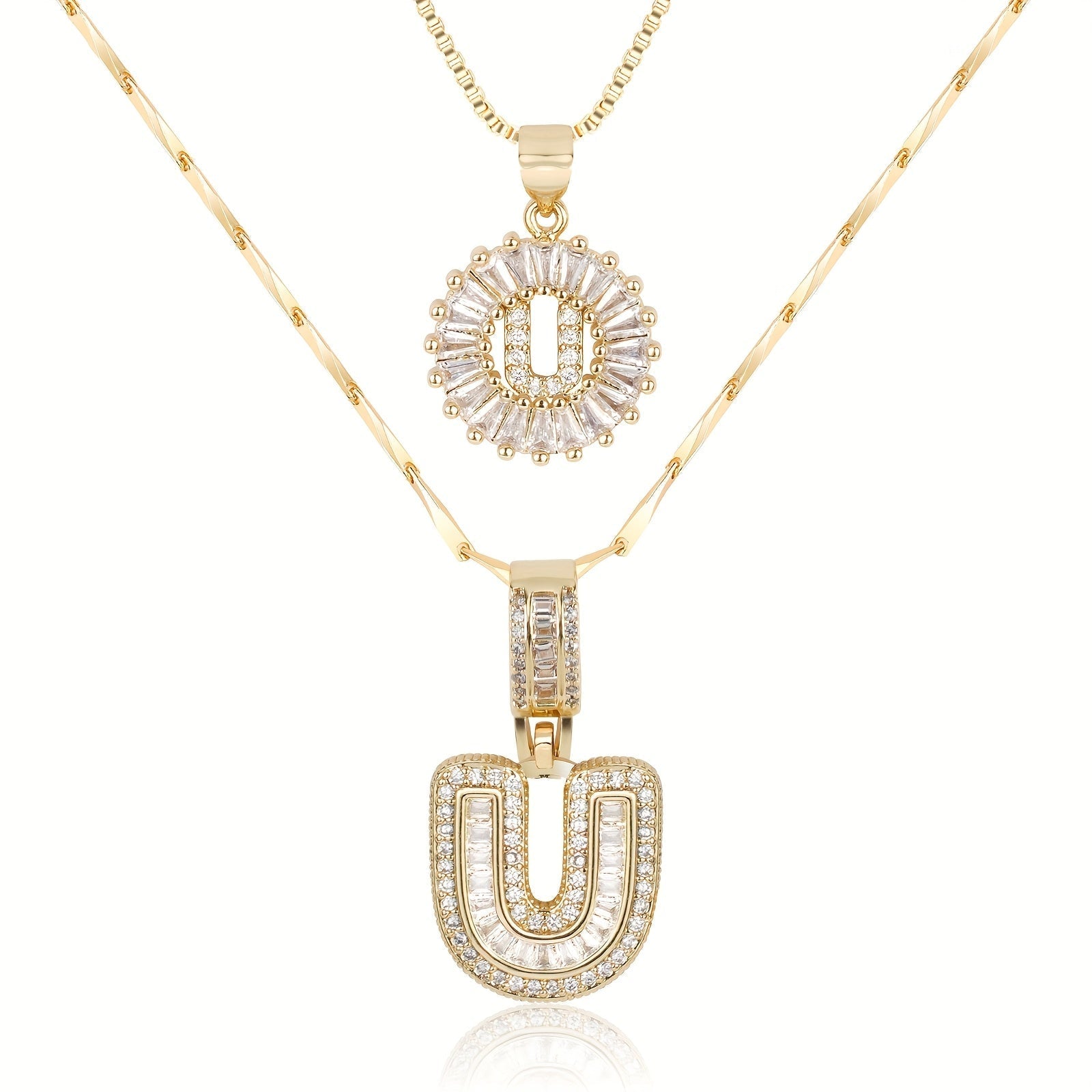 14k Gold-Plated Layered Necklace Set with Diamond Initial Pendants – Elegant Jewelry for Personal Style
