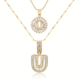 14k Gold-Plated Layered Necklace Set with Diamond Initial Pendants – Elegant Jewelry for Personal Style