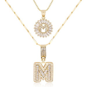 14k Gold-Plated Layered Necklace Set with Diamond Initial Pendants – Elegant Jewelry for Personal Style