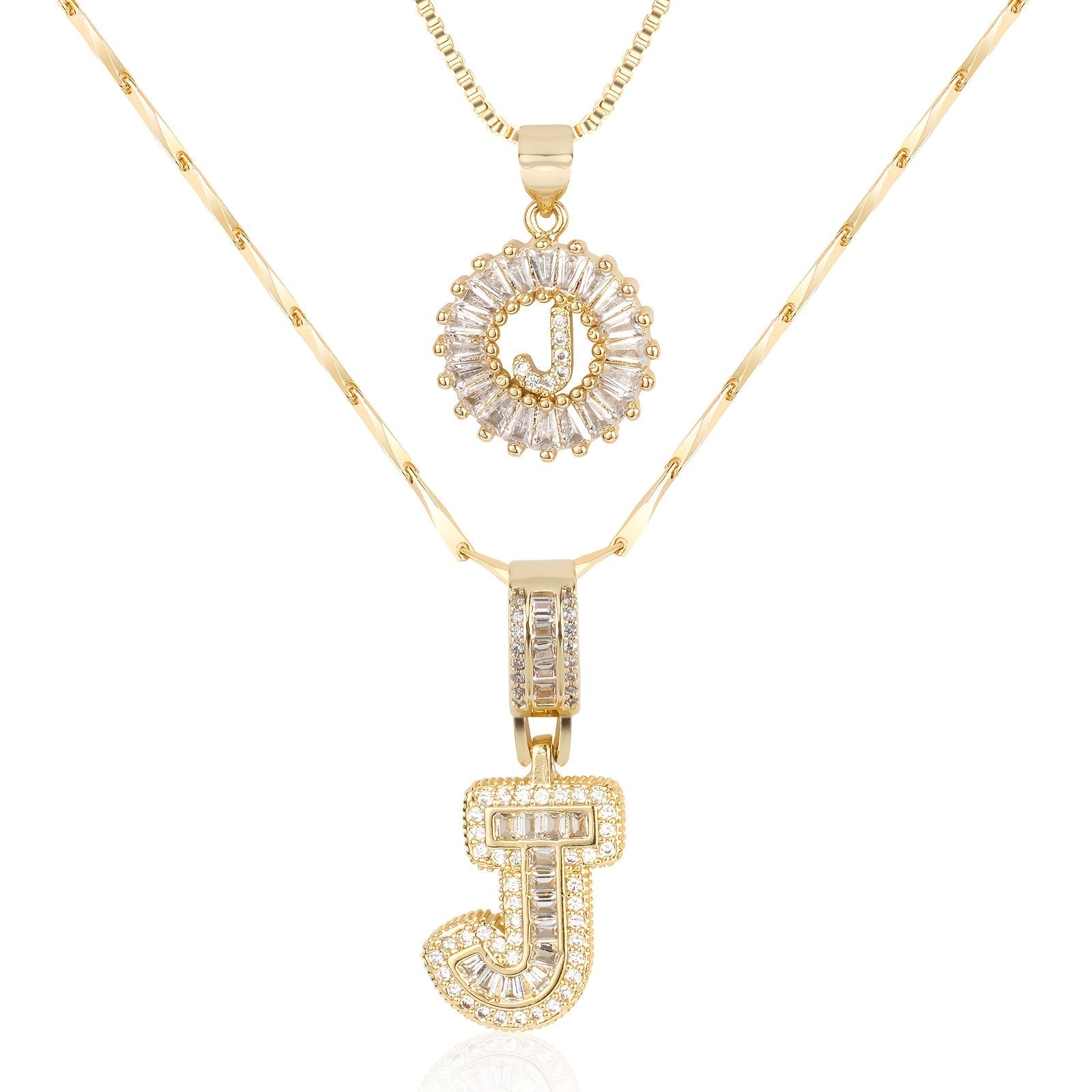 14k Gold-Plated Layered Necklace Set with Diamond Initial Pendants – Elegant Jewelry for Personal Style