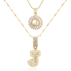 14k Gold-Plated Layered Necklace Set with Diamond Initial Pendants – Elegant Jewelry for Personal Style