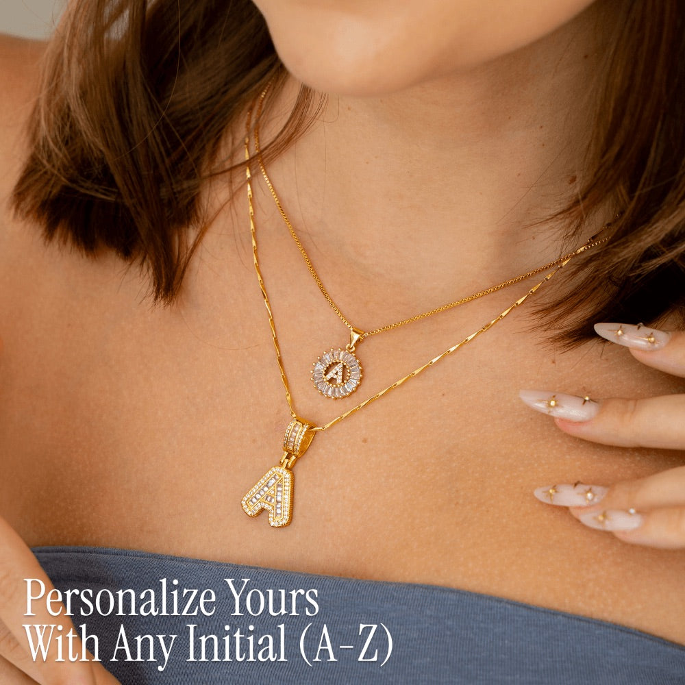14k Gold-Plated Layered Necklace Set with Diamond Initial Pendants – Elegant Jewelry for Personal Style