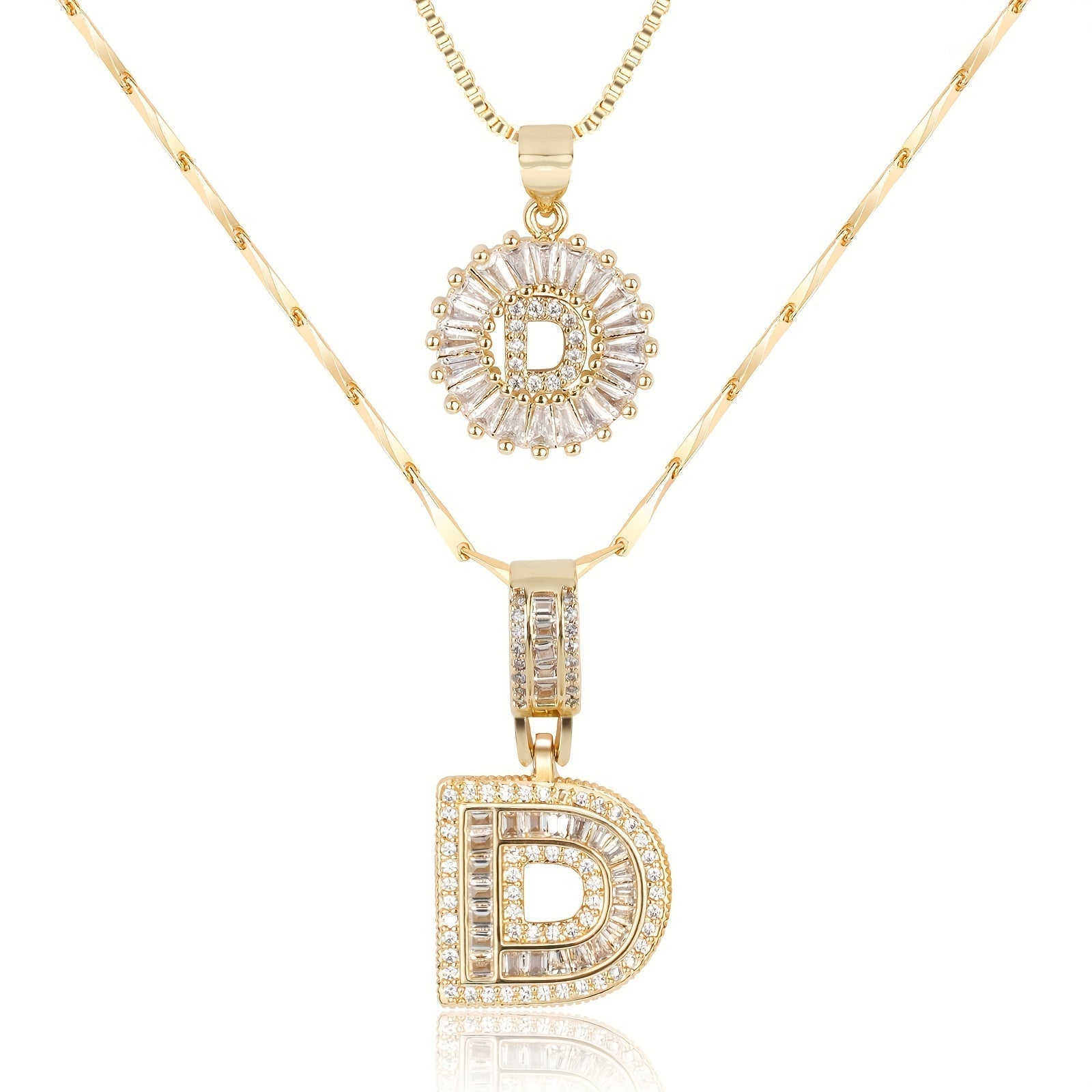 14k Gold-Plated Layered Necklace Set with Diamond Initial Pendants – Elegant Jewelry for Personal Style