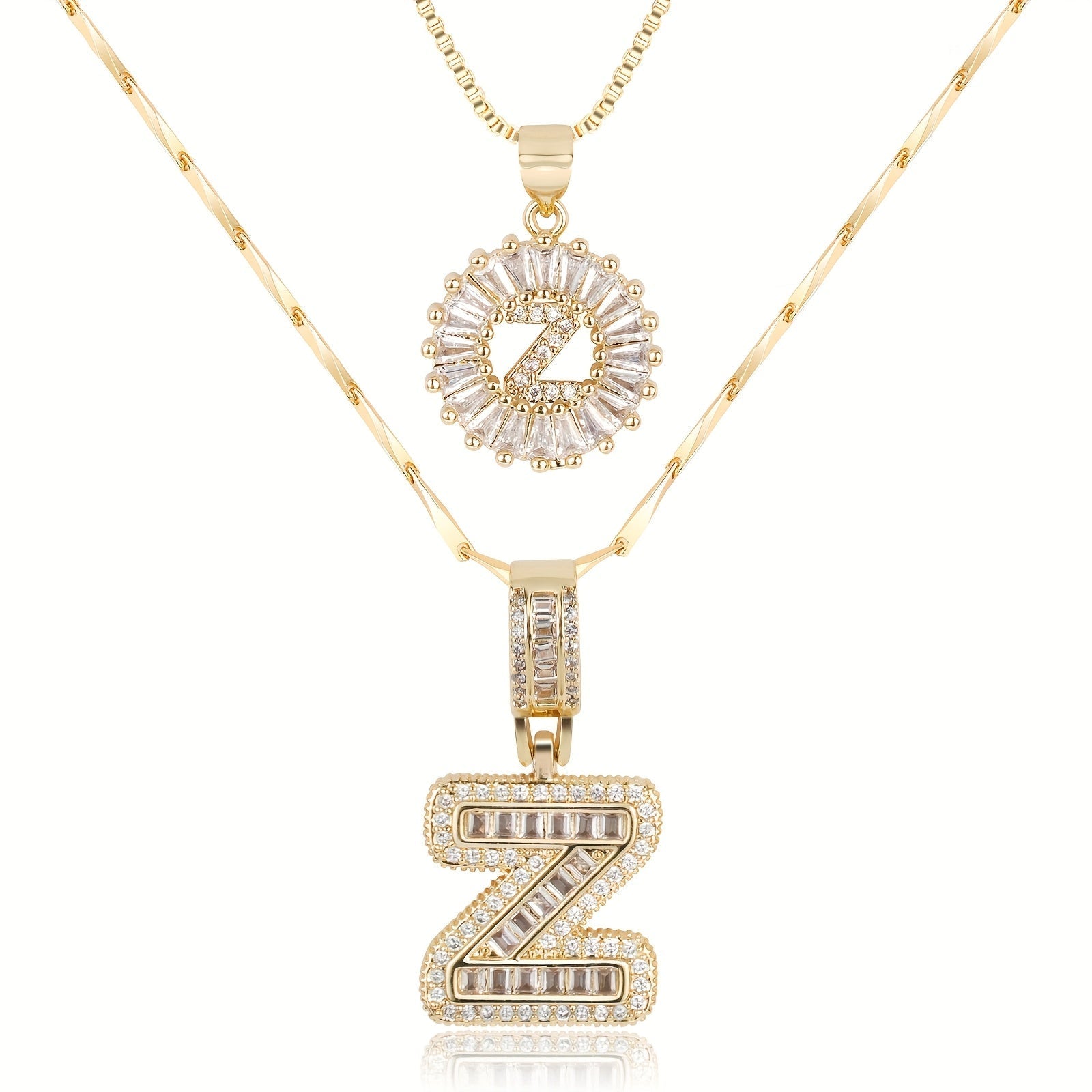14k Gold-Plated Layered Necklace Set with Diamond Initial Pendants – Elegant Jewelry for Personal Style