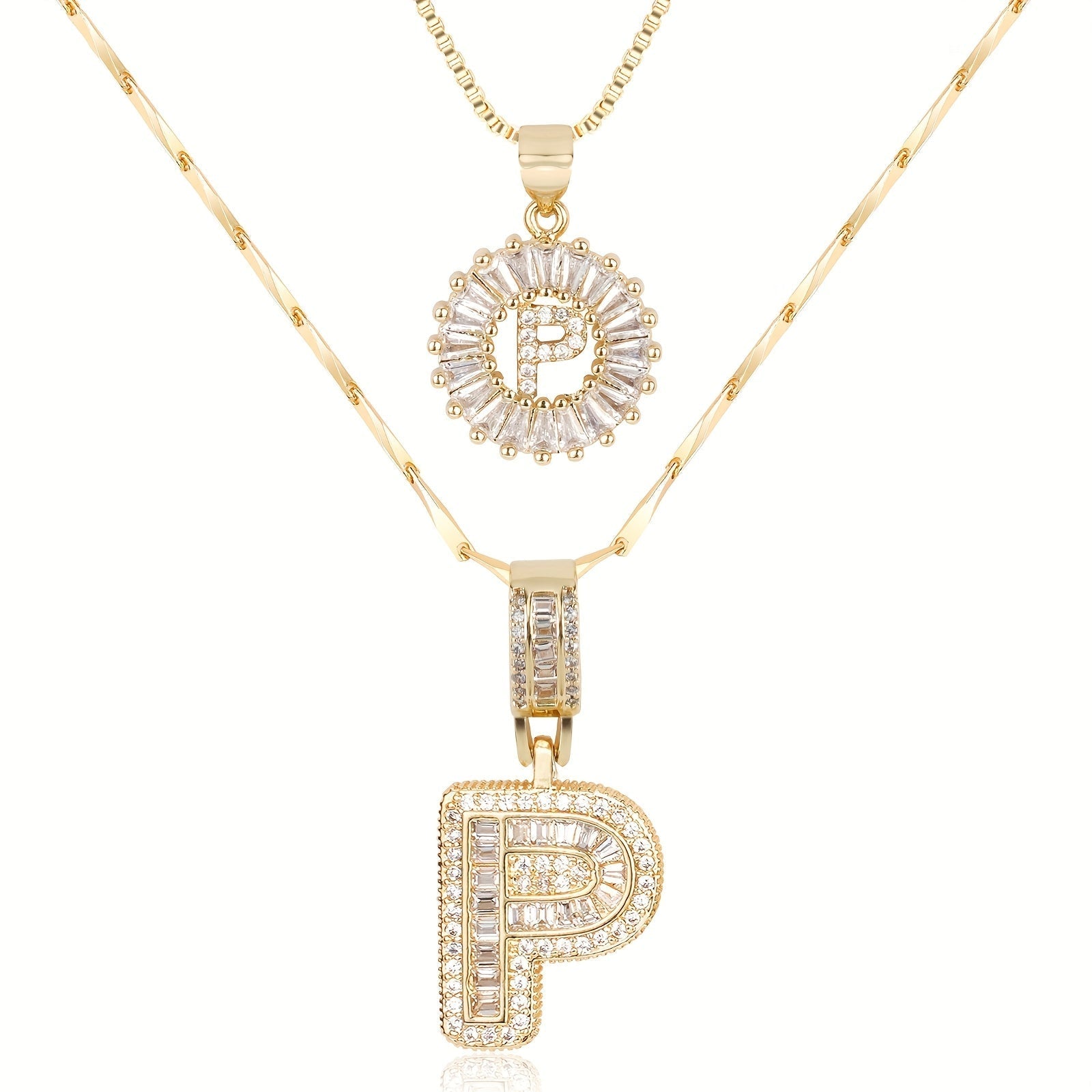 14k Gold-Plated Layered Necklace Set with Diamond Initial Pendants – Elegant Jewelry for Personal Style