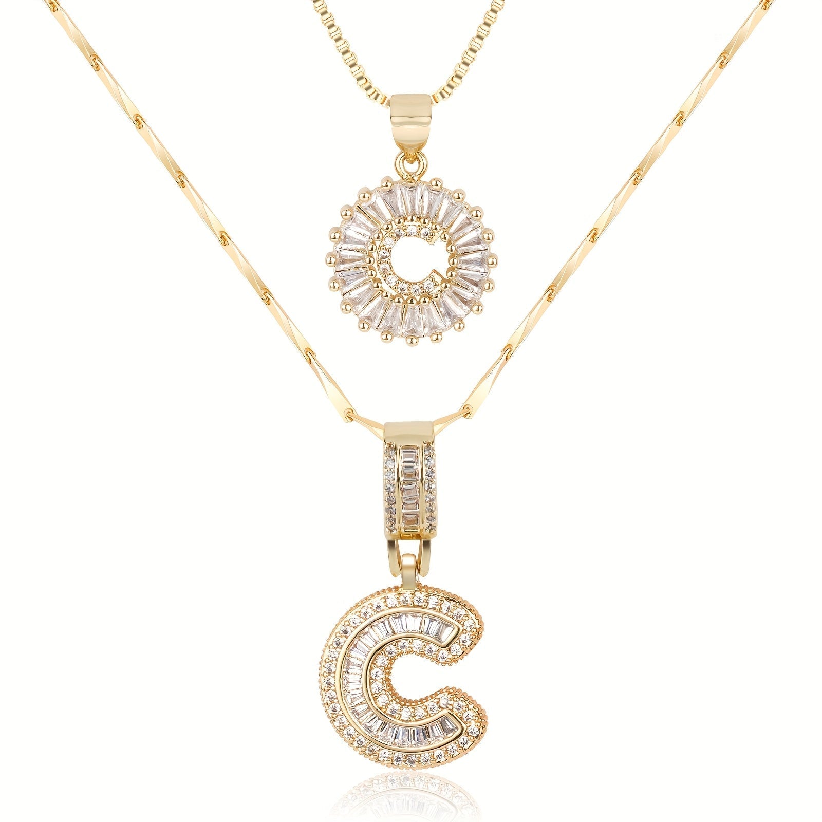 14k Gold-Plated Layered Necklace Set with Diamond Initial Pendants – Elegant Jewelry for Personal Style