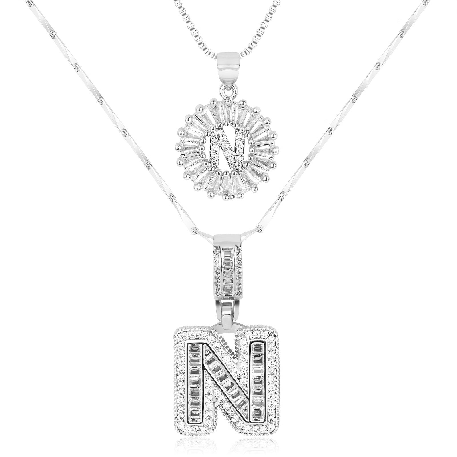 14k Gold-Plated Layered Necklace Set with Diamond Initial Pendants – Elegant Jewelry for Personal Style