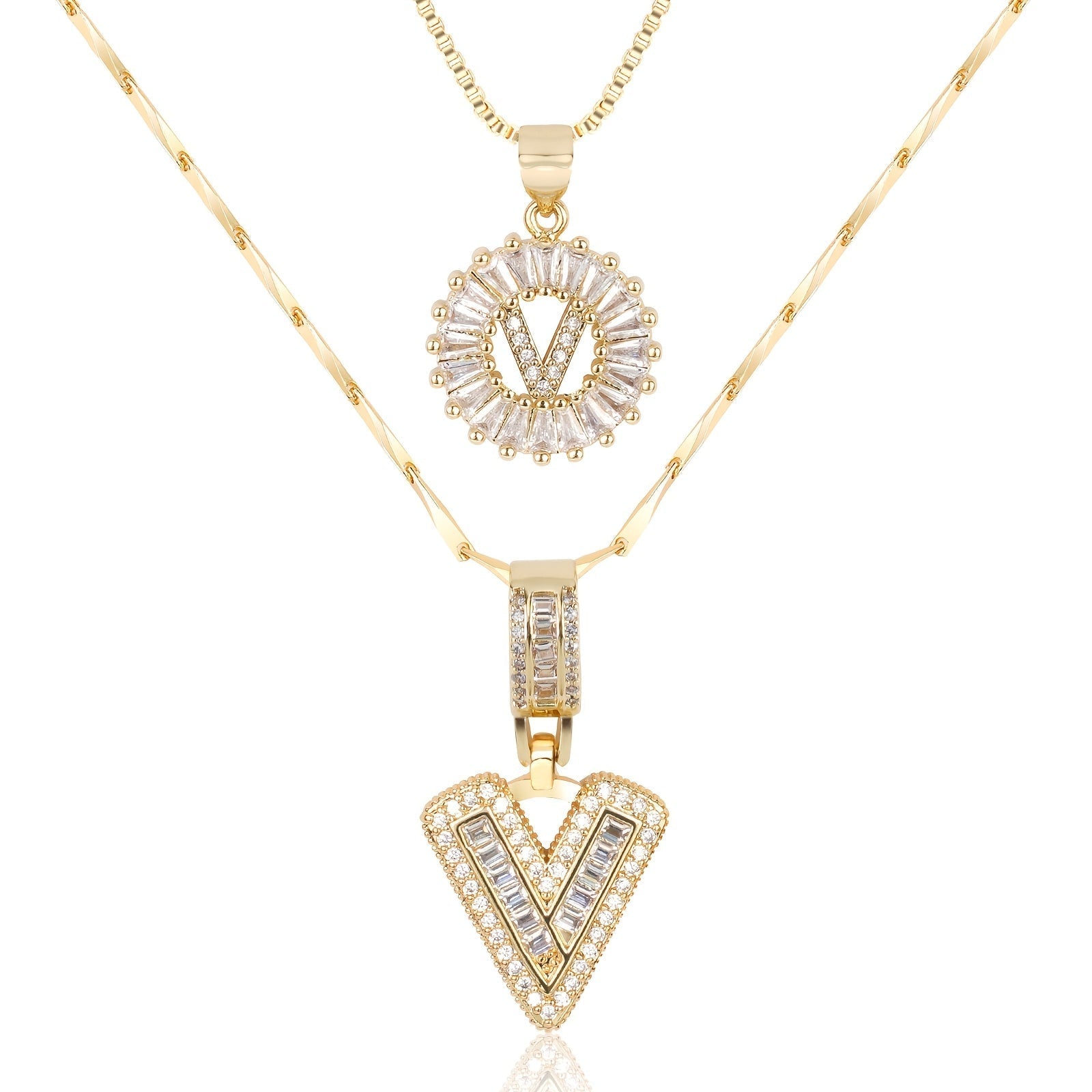 14k Gold-Plated Layered Necklace Set with Diamond Initial Pendants – Elegant Jewelry for Personal Style
