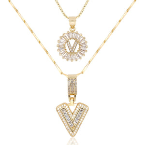 14k Gold-Plated Layered Necklace Set with Diamond Initial Pendants – Elegant Jewelry for Personal Style