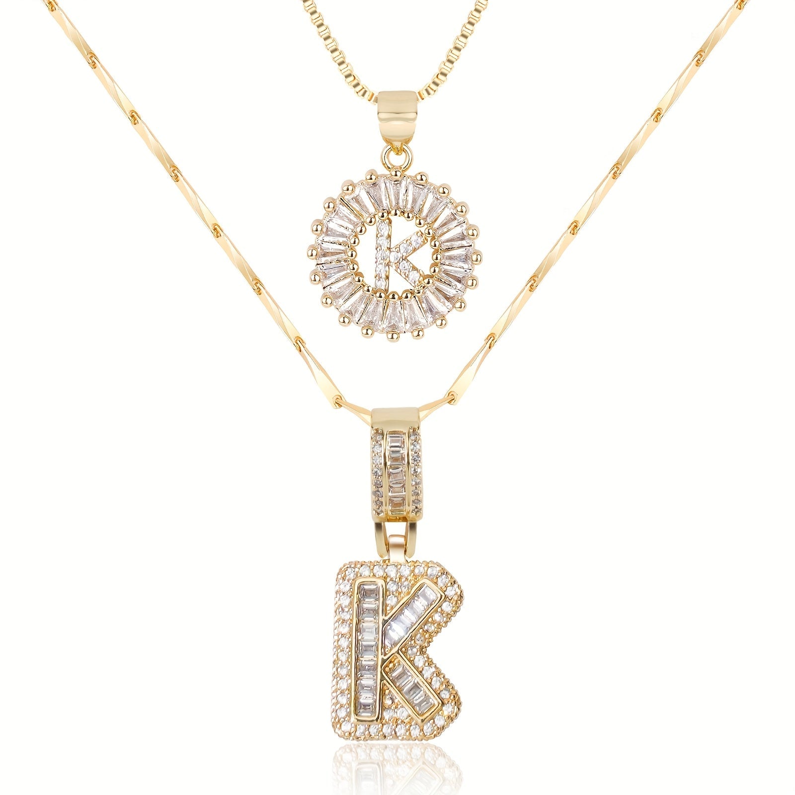 14k Gold-Plated Layered Necklace Set with Diamond Initial Pendants – Elegant Jewelry for Personal Style