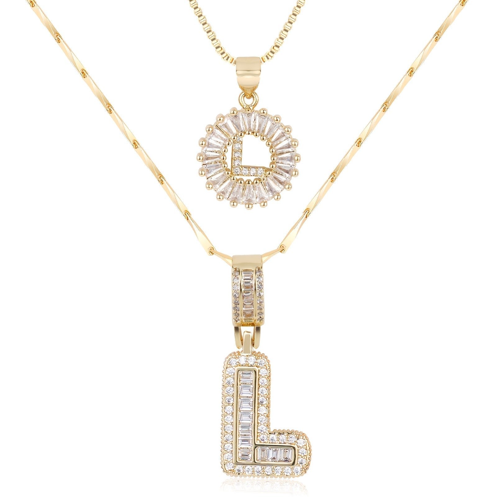 14k Gold-Plated Layered Necklace Set with Diamond Initial Pendants – Elegant Jewelry for Personal Style