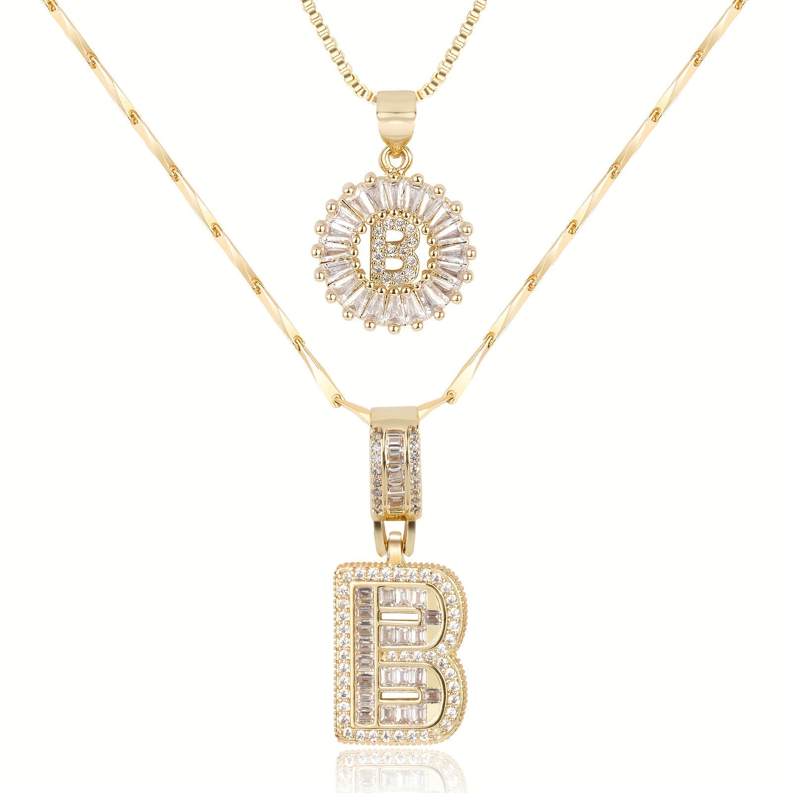 14k Gold-Plated Layered Necklace Set with Diamond Initial Pendants – Elegant Jewelry for Personal Style