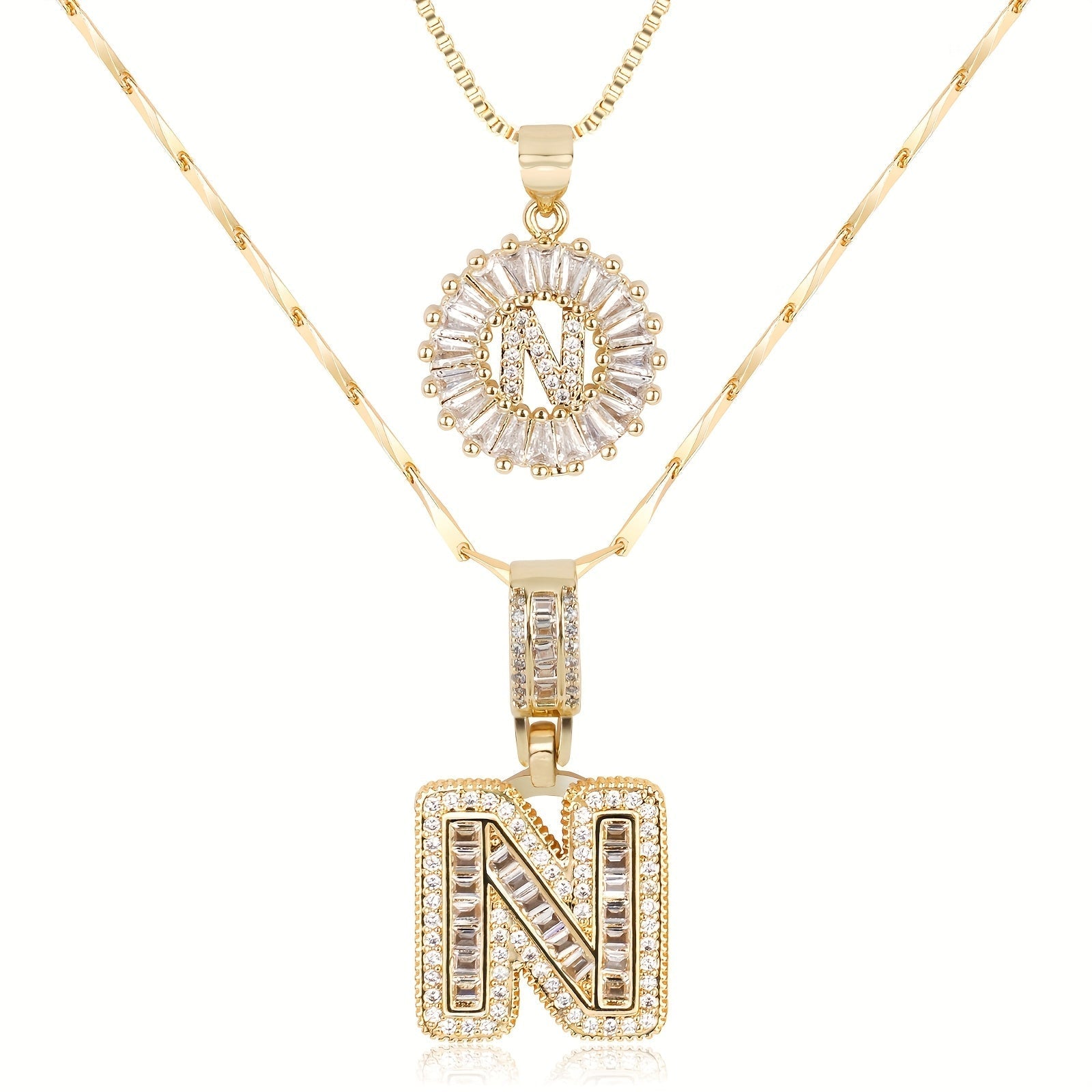 14k Gold-Plated Layered Necklace Set with Diamond Initial Pendants – Elegant Jewelry for Personal Style