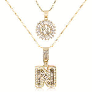 14k Gold-Plated Layered Necklace Set with Diamond Initial Pendants – Elegant Jewelry for Personal Style