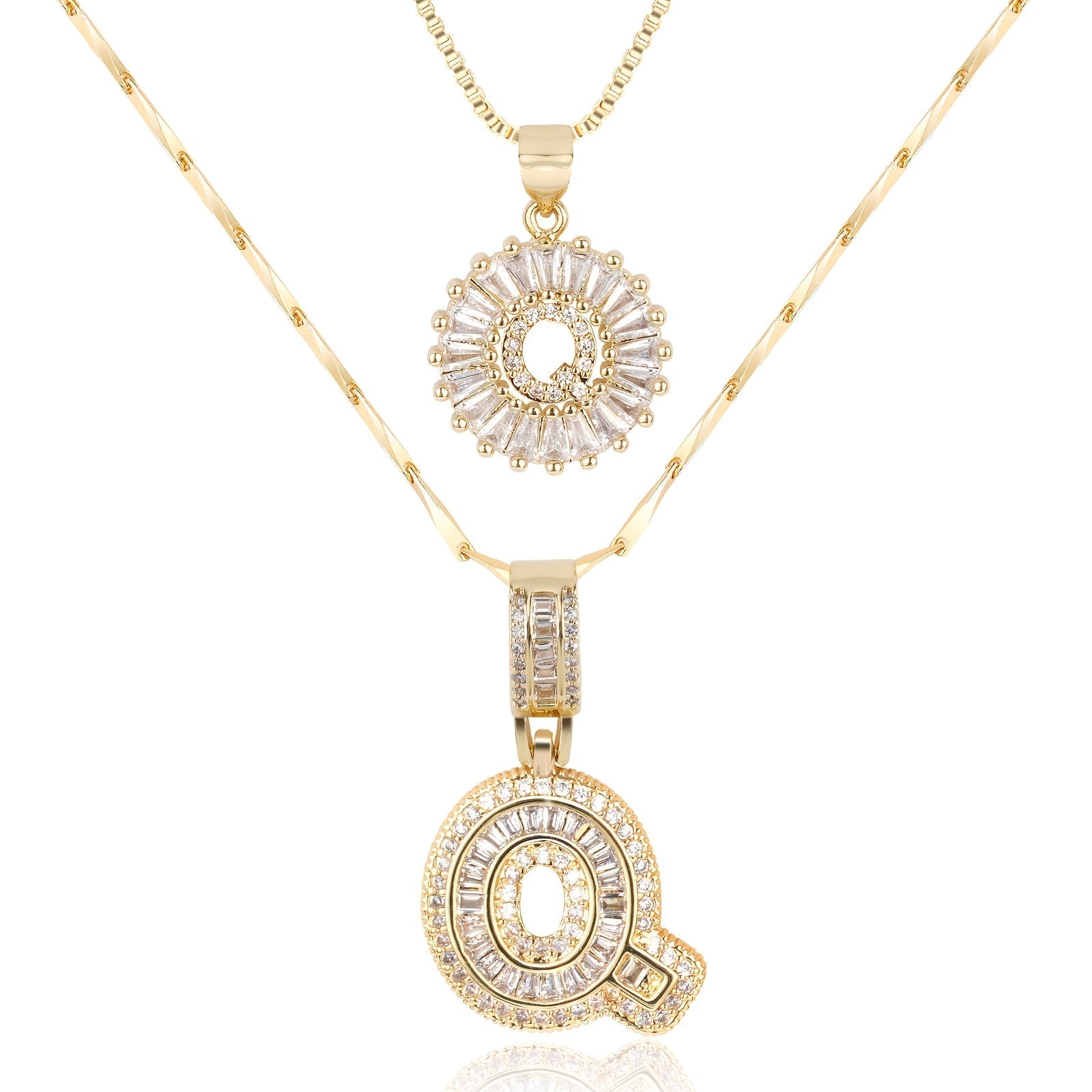 14k Gold-Plated Layered Necklace Set with Diamond Initial Pendants – Elegant Jewelry for Personal Style