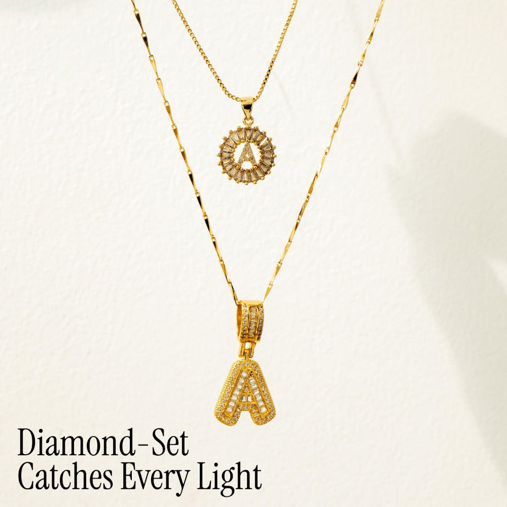 14k Gold-Plated Layered Necklace Set with Diamond Initial Pendants – Elegant Jewelry for Personal Style