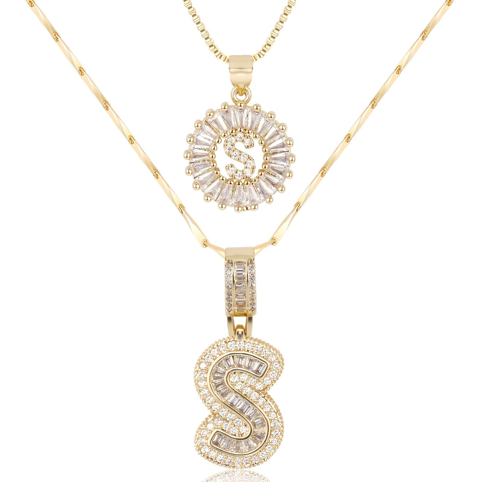 14k Gold-Plated Layered Necklace Set with Diamond Initial Pendants – Elegant Jewelry for Personal Style