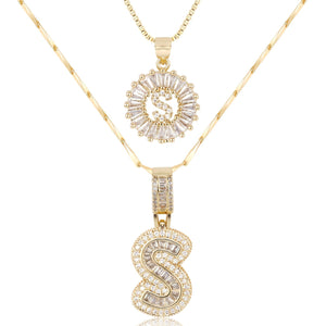 14k Gold-Plated Layered Necklace Set with Diamond Initial Pendants – Elegant Jewelry for Personal Style