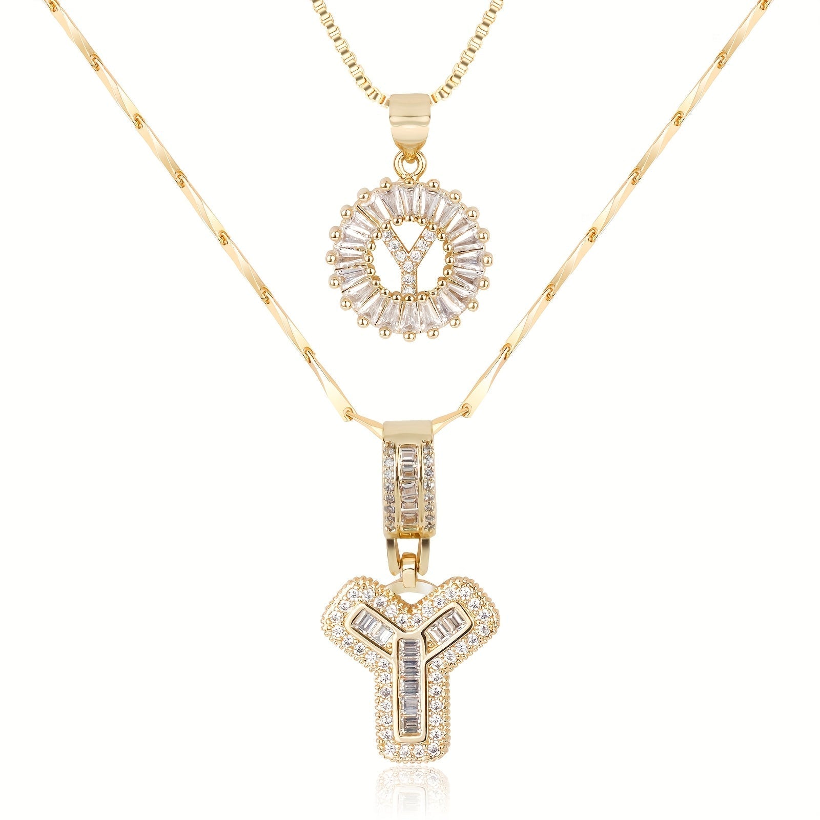 14k Gold-Plated Layered Necklace Set with Diamond Initial Pendants – Elegant Jewelry for Personal Style