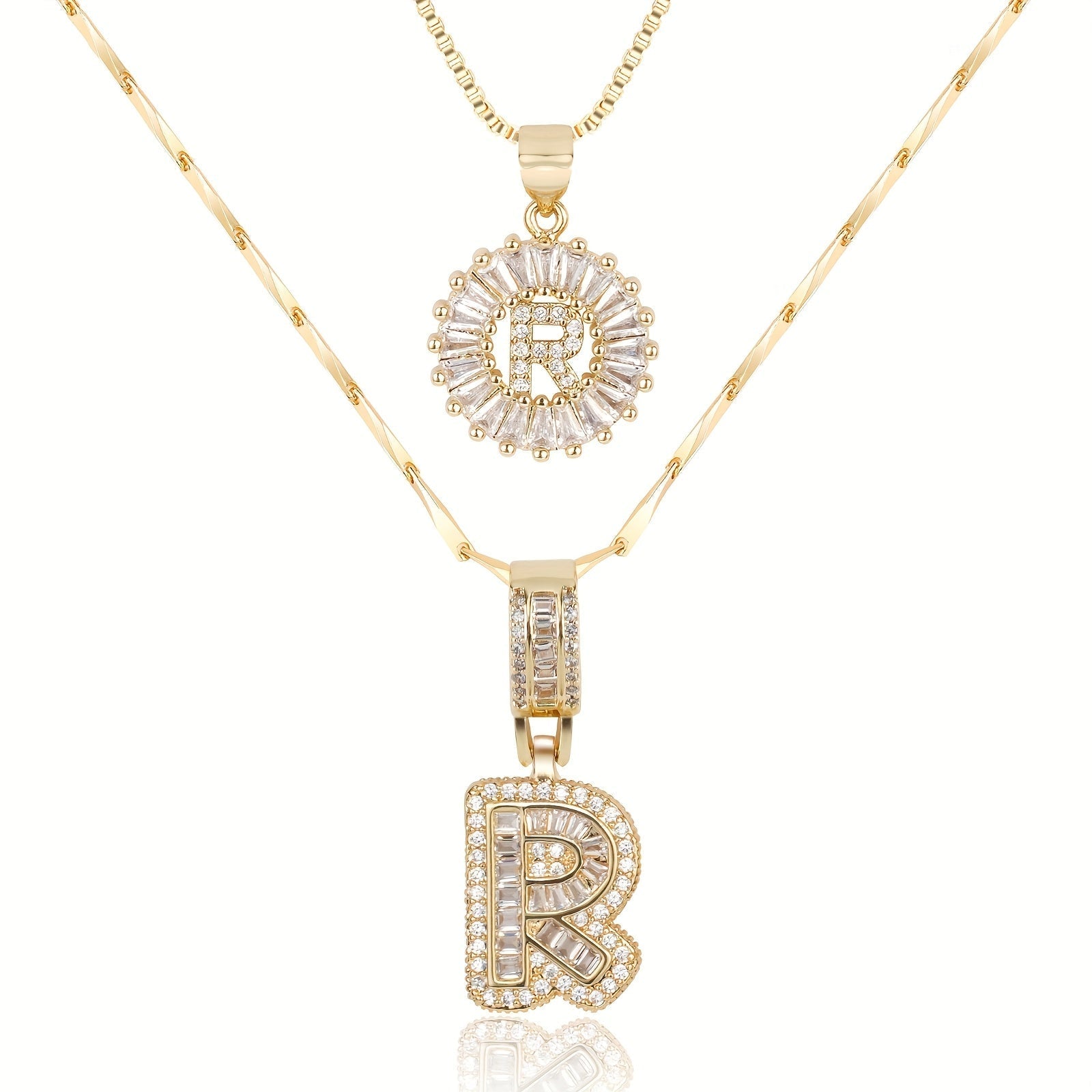 14k Gold-Plated Layered Necklace Set with Diamond Initial Pendants – Elegant Jewelry for Personal Style