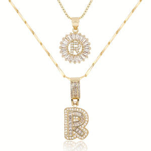 14k Gold-Plated Layered Necklace Set with Diamond Initial Pendants – Elegant Jewelry for Personal Style