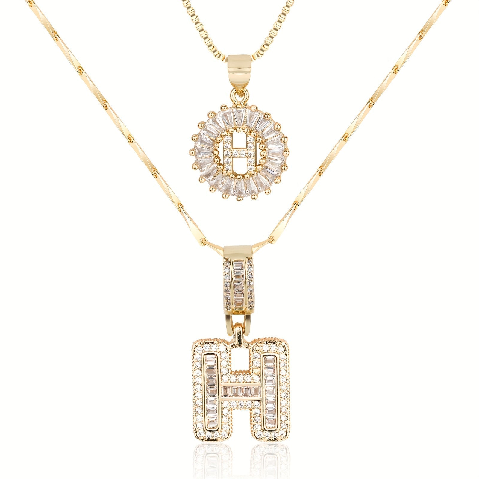 14k Gold-Plated Layered Necklace Set with Diamond Initial Pendants – Elegant Jewelry for Personal Style