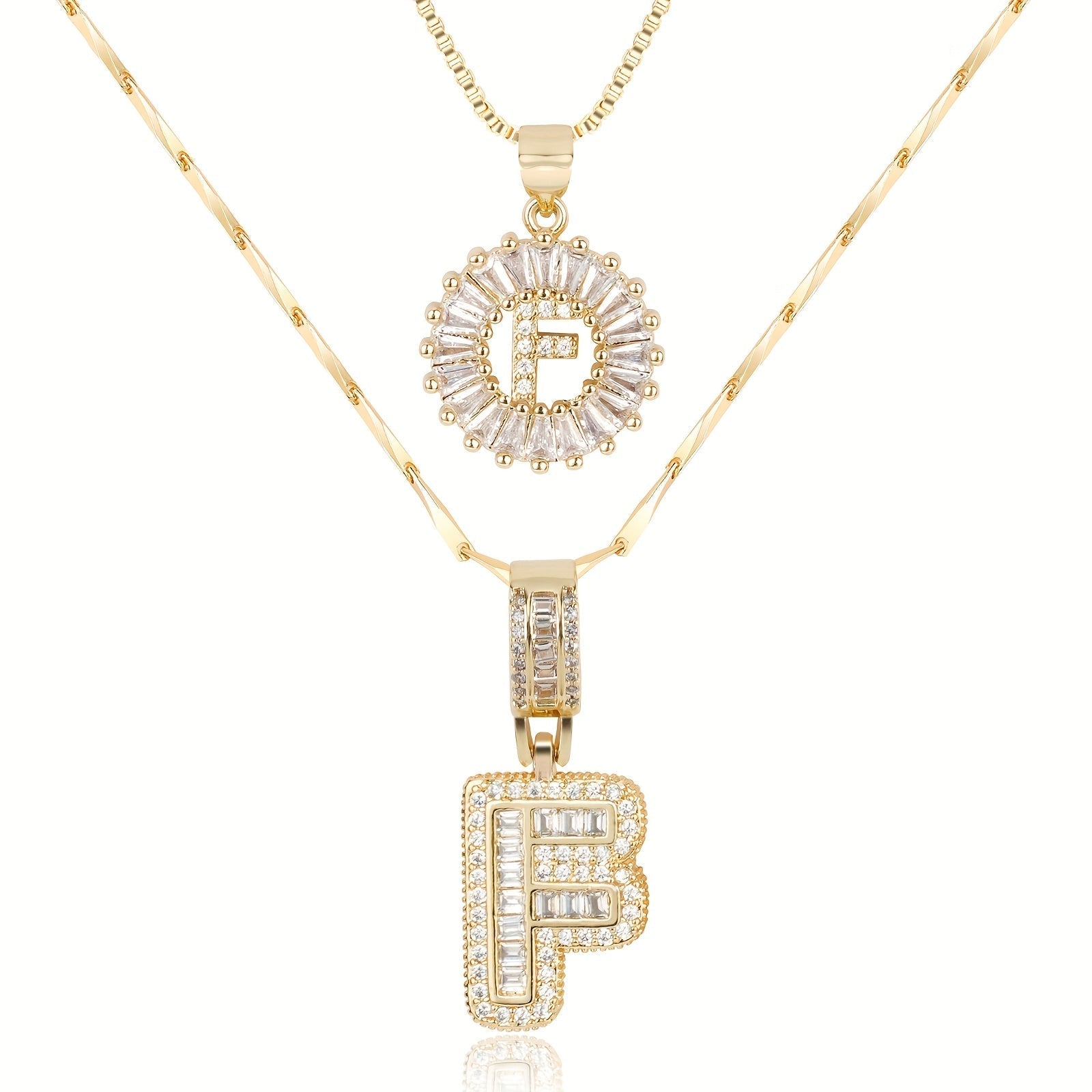 14k Gold-Plated Layered Necklace Set with Diamond Initial Pendants – Elegant Jewelry for Personal Style