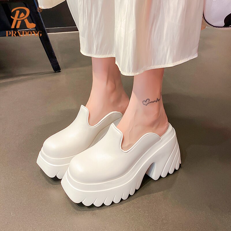 Summer Genuine Leather Chunky High Heels Thick Platform Black Beige Open Toe Dress Party Casual Female Slippers 39