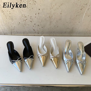 Spring New Pointed Toe Women Slipper Fashion Butterfly-knot Shallow Slip On Ladies Mules Shoes Thin High Slides