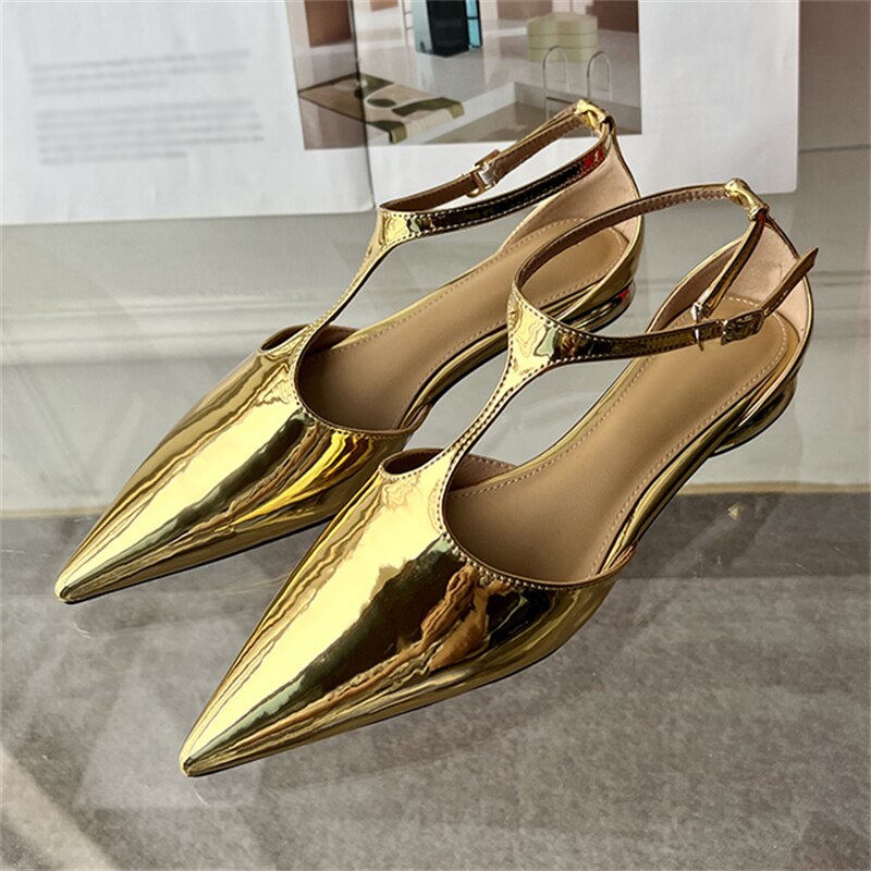 Eilyken Women New Fashion Pumps Pointed Toe Gold Ladies Elegant Dress Slingback Low Heel Mary Jane Mules Shoes Zapatos Mujer