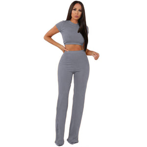 New Fashion Casual Suit Women's High Elastic Cotton Pit Strip Wide Leg Pants Two-Piece Set