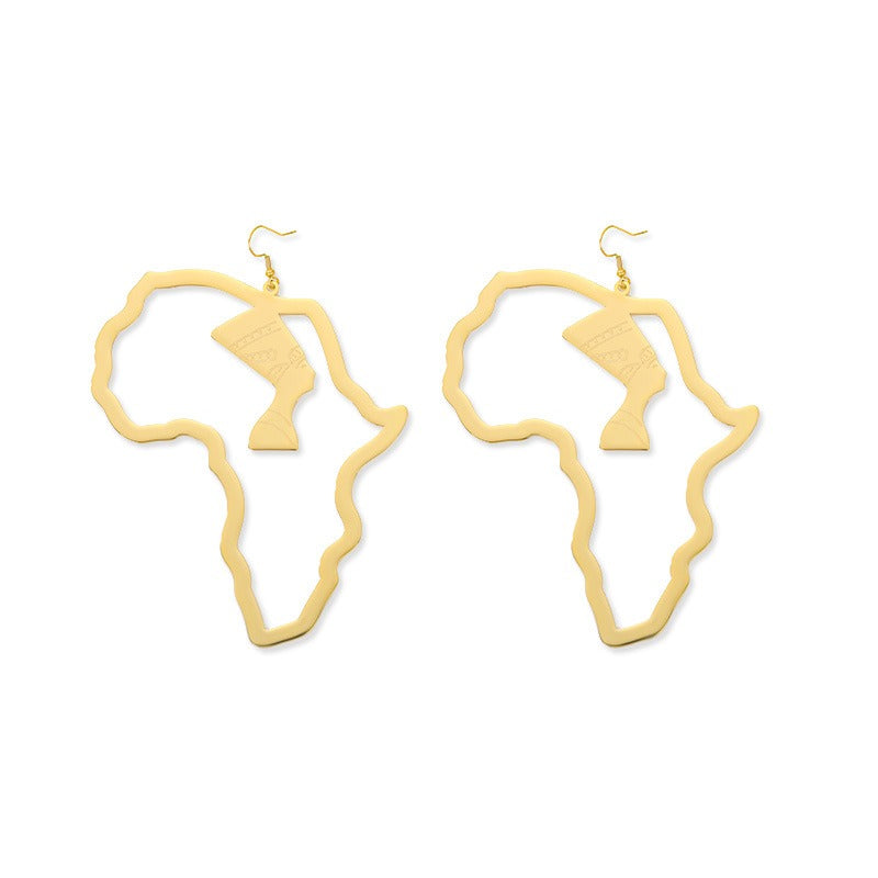 Gold Stainless Steel Egyptian Queen Set Hollow Portrait Design Earrings African Ethnic Jewelry