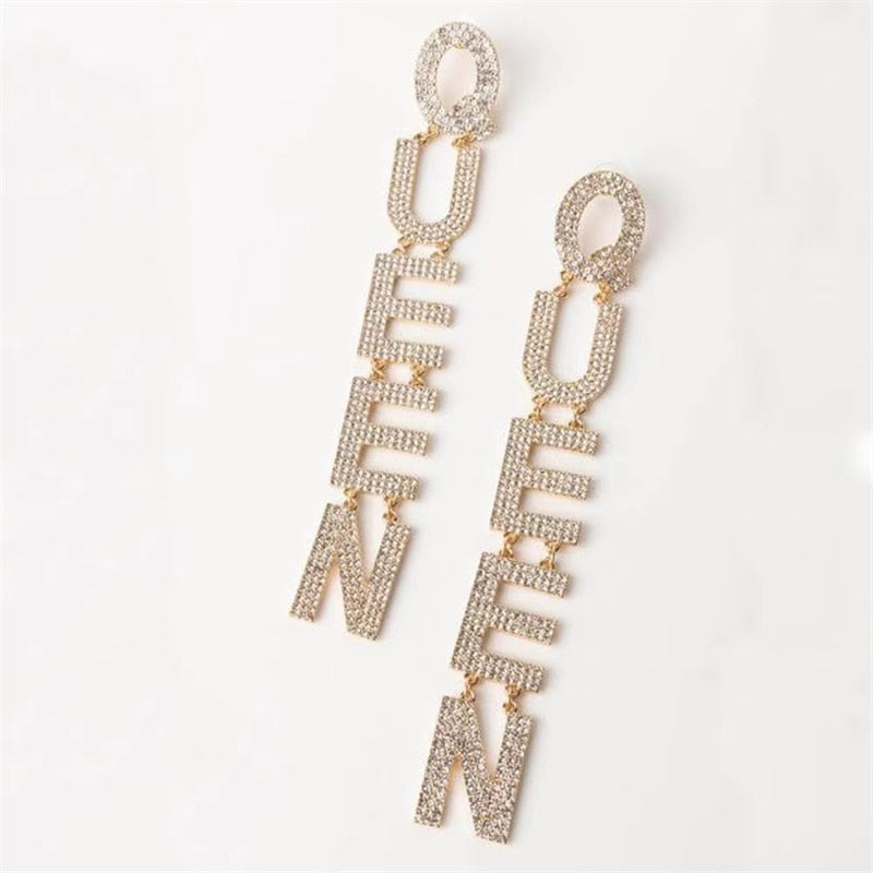 Exaggerated Queen Rhinestone Earrings for Women Fashion Long Letters Pendant Earring Fashion Shiny Party Costume Jewelry