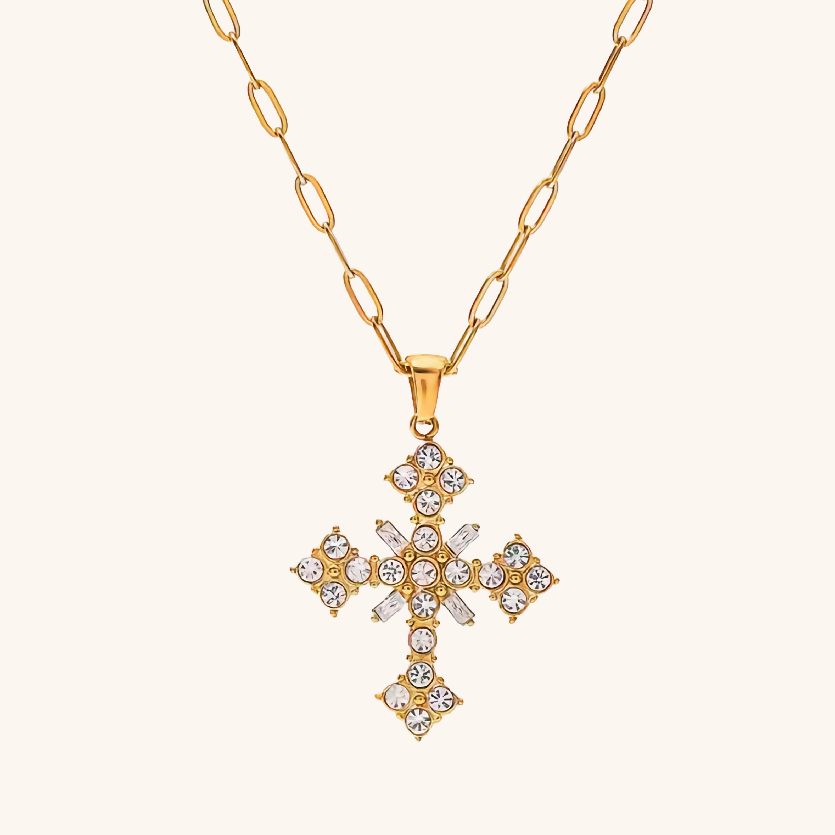 18k Gold-Plated Crystal Cross Necklace with Paperclip Chain – Waterproof, Hypoallergenic Jewelry for Women
